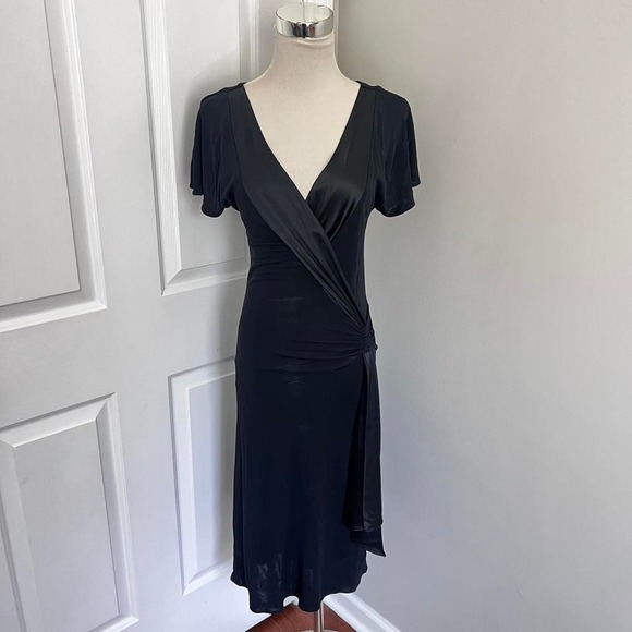 VINTAGE BLACK BEBE FORMAL SPLIT SLEEVES MIDI‎ DRESS - Picture 1 of 8